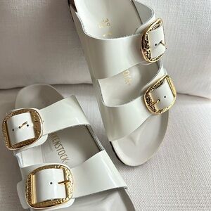 Birkinstock White Sandals with Gold Big Buckles size 39